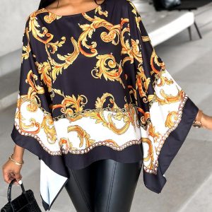 Colorblock Baroque Print Batwing Sleeve Top, Blouses & Shirts, chicme - Women's Fashion Online