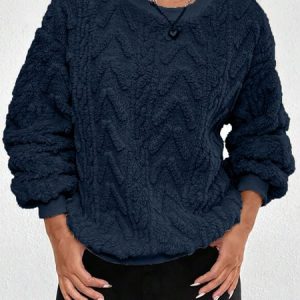 Casual V Neck Plain Sweatshirt, Hoodies & Sweatshirts, color:Navyblue|size:XXL, Noracora