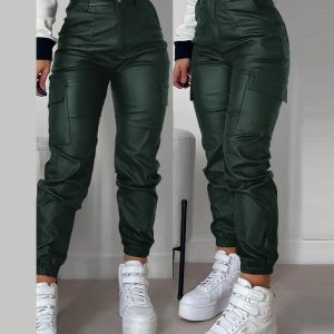 Pocket Design Cuffed PU Leather Pants, Pants, chicme - Women's Fashion Online