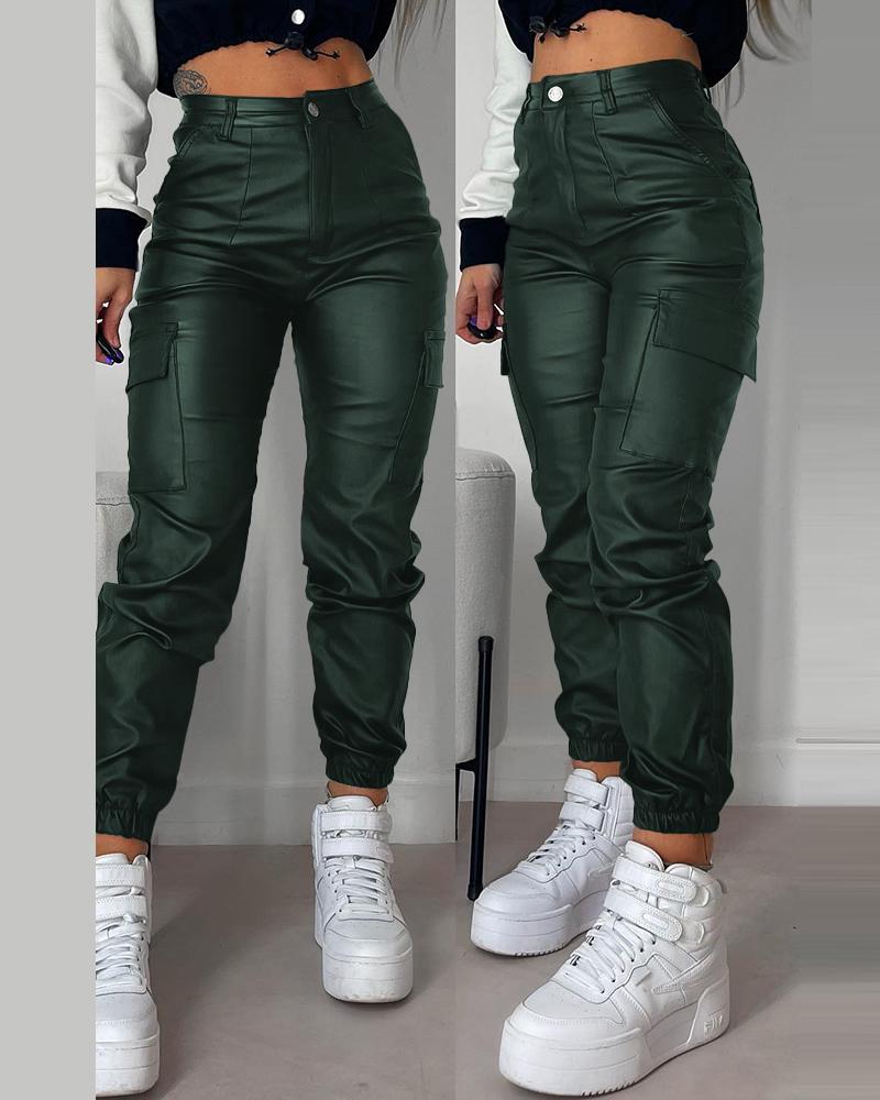 Pocket Design Cuffed PU Leather Pants, Pants, chicme - Women's Fashion Online