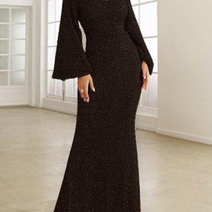 Women Plain V Neck Long Sleeve Glitter Mermaid Hem Prom Maxi Dress, Dresses, color:Black|size:XXL, Noracora