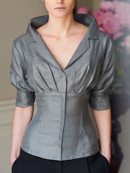 Plain Elegant Regular Fit Shawl Collar Blouse, Blouses and Shirts, color:Gray|size:XXL, Stylewe