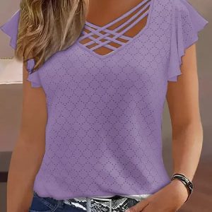 Casual Plain V Neck Loose T-Shirt, T-shirts, color:Purple|size:XXL, catalog Noracora shop