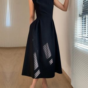 Elegant Crew Neck Plain Pockets Classic Dress, Midi Dresses, color:Black|size:XXL, Stylewe