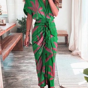 Regular Fit Shirt Collar Vacation Midi Dress, Maxi Dresses, color:Green|size:XXL, Stylewe