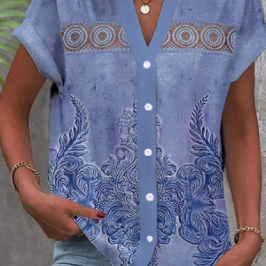 Shirt Collar Short Sleeve Ethnic Patterns Lace Regular Loose Blouse For Women, Shirts, color:Blue|size:XXL, catalog Noracora shop