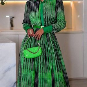 Regular Fit Urban Random Print Shirt Collar Dress With No Belt, Midi Dresses, color:Green|size:XXL, Stylewe