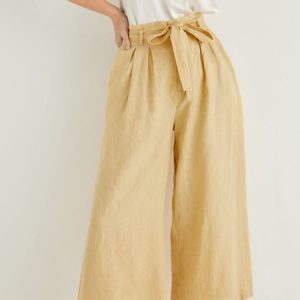 Linen Plain Capris Fashion Pants, Pants, color:Light Yellow|size:XXL, Noracora