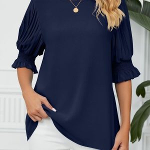 Crew Neck Half Sleeve Plain Regular Loose Shirt For Women, Blouses, color:Navyblue|size:XXL, Noracora