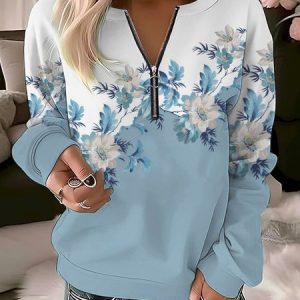 Casual Color Contrast Floral Zipper Knit Loose Sweatshirt, Hoodies&Sweatshirts, Lilicloth.com