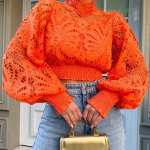 Hollow Out Shirred Lantern Sleeve Crop Top, Blouses & Shirts, chicme - Women's Fashion Online