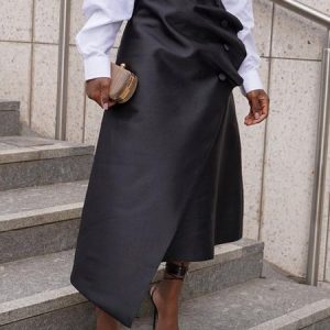 Plain Regular Fit Buttoned Urban Skirt, Skirts, color:Black|size:XXL, Stylewe
