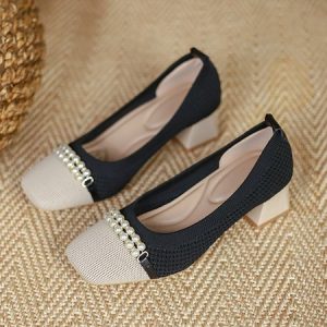 Elegant Color Block Breathable Slip On Block Heel Shallow Shoes Rhinestone, Flats/Loafers, color:Black|size:40, Noracora