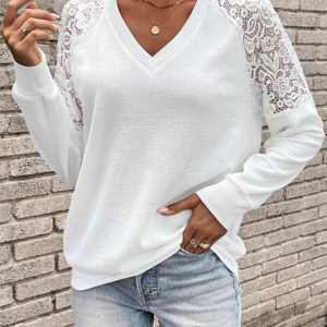 Casual Plain V Neck Long Sleeve T-shirt, T-shirts, color:White|size:XXL, Noracora