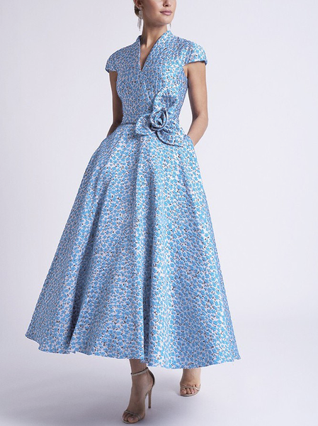 Elegant Regular Fit V Neck Dress & Party Dress, Wedding Guest Dresses, color:Blue|size:XXL, Stylewe