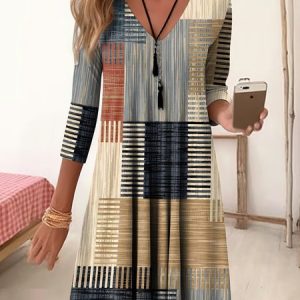 V Neck Geometric Casual Loose Dress, Dresses, Lilicloth.com