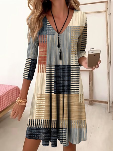 V Neck Geometric Casual Loose Dress, Dresses, Lilicloth.com