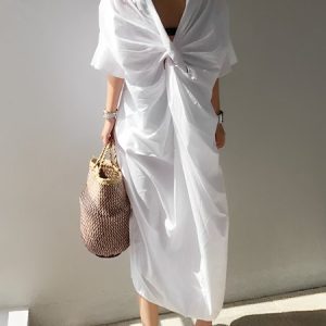 Plain Casual V Neck Loose Midi Dress With No Belt, Midi Dresses, color:White|size:XXL, Stylewe
