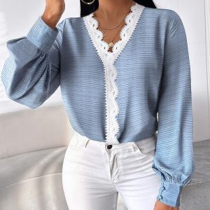 V-Neck Contrast Lace Buttoned Top, women T-shirt & Tees, ChicMe catalog