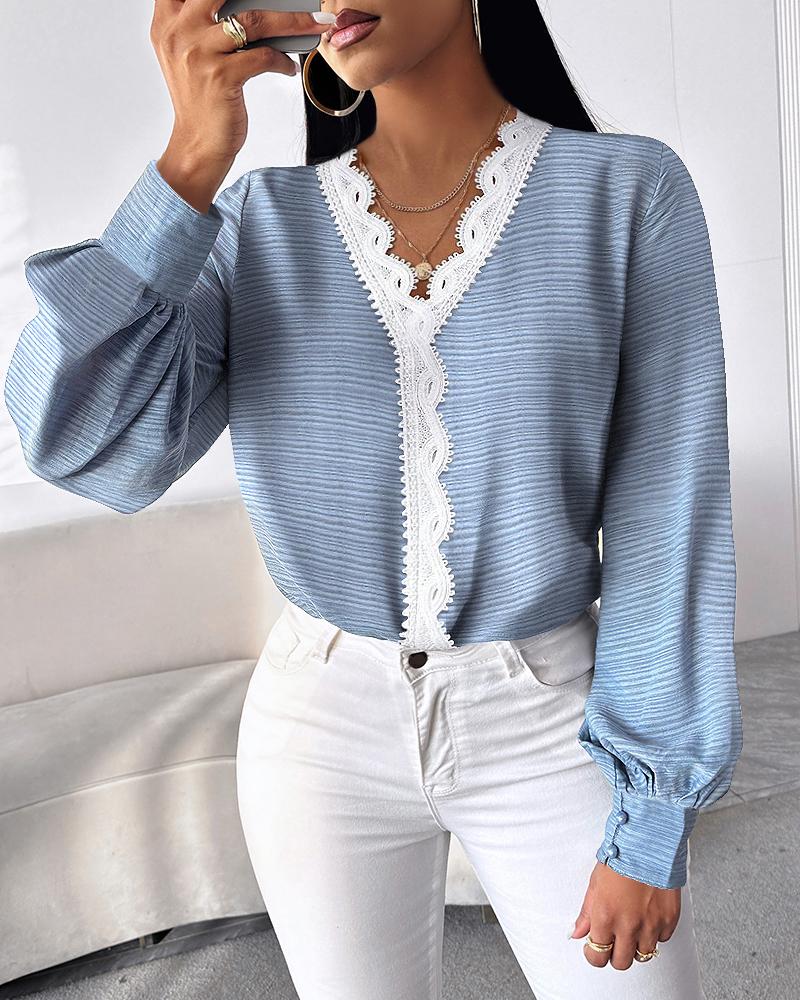 V-Neck Contrast Lace Buttoned Top, women T-shirt & Tees, ChicMe catalog