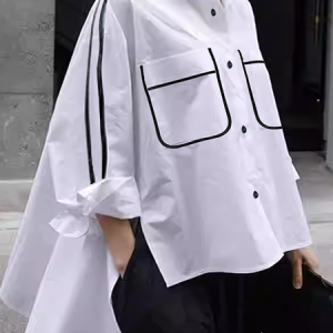 Urban Loose Shirt Collar Long Sleeve Color Block Blouse, Blouses and Shirts, color:White|size:XXL, Stylewe