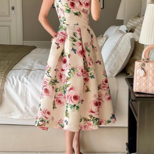 Floral Regular Fit Elegant Crew Neck Short sleeve Midi Dress, Midi Dresses, color:Pink|size:XXL, Stylewe