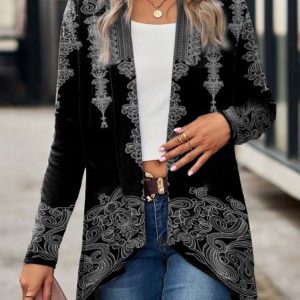 Ethnic Casual Lapel Collar Kimono, Cardigans, color:Gray|size:XXL, JustFashionNow