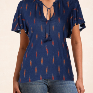 V Neck Short Sleeve Ethnic Tassel Regular Micro-Elasticity Loose Shirt For Women, Blouses, color:Blue|size:XXL, Noracora