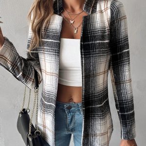 Plaid Pattern Notched Collar Blazer Coat, blazer, chicme - Women's Fashion Online