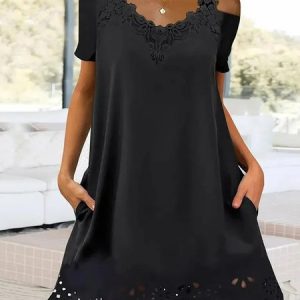 Women Plain V Neck Short Sleeve Comfy Casual Hollow Out Short Dress, Dresses, color:Black|size:XXL, Noracora
