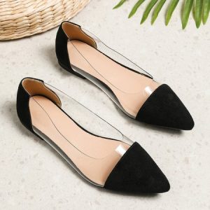 Transparent PVC Paneled Snakeskin Flat Heel Shallow Shoes, Flats, color:Black|size:43, Stylewe