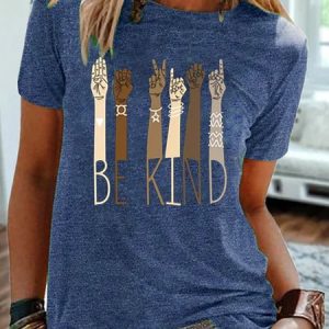 Short Sleeve Letter Printed Cotton-Blend T-shirt, T-shirts, color:Blue|size:3XL, Noracora