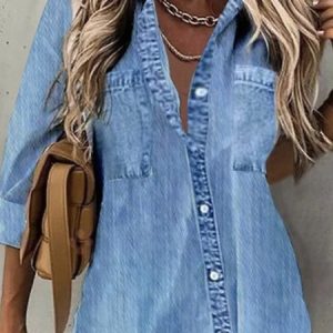 Women's Shirt Spring Collar Denim Long Sleeve Abstract Regular Loose Blouse, Blouses, color:Blue|size:3XL, Noracora