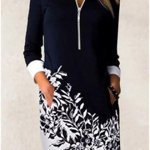 Zipper collar patchwork print long sleeve Tunic Dress, Short, color:Color1|size:XXL, Noracora