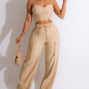 Crop Cami Top & Pocket Design Pants Set, Two-piece Sets, chicme - Women's Fashion Online