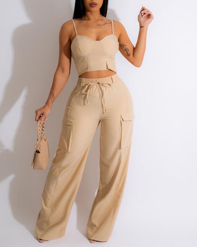 Crop Cami Top & Pocket Design Pants Set, Two-piece Sets, chicme - Women's Fashion Online