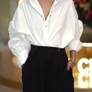Plain Shirt Collar Loose Urban Blouse, Blouses and Shirts, color:White|size:XXL, Stylewe