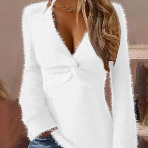 Fuzzy Twisted V-Neck Long Sleeve Top, T-shirt & Tees, chicme - Women's Fashion Online