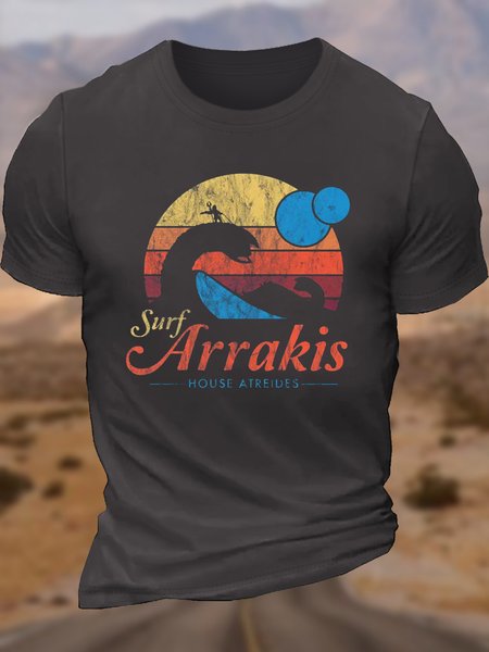 Men's Visit Arrakis Letters Crew Neck Casual T-Shirt, T-shirts, Lilicloth.com
