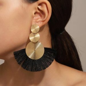 1pair Bohemian Exaggerated Metal Circle Fringed Drop Earrings, Earrings, color:Black|size:One-size, Stylewe