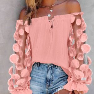 Floral Pattern Sheer Mesh Patch Frill Hem Top, Blouses & Shirts, chicme - Women's Fashion Online