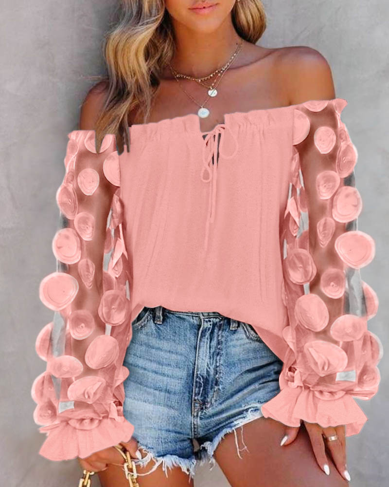Floral Pattern Sheer Mesh Patch Frill Hem Top, Blouses & Shirts, chicme - Women's Fashion Online