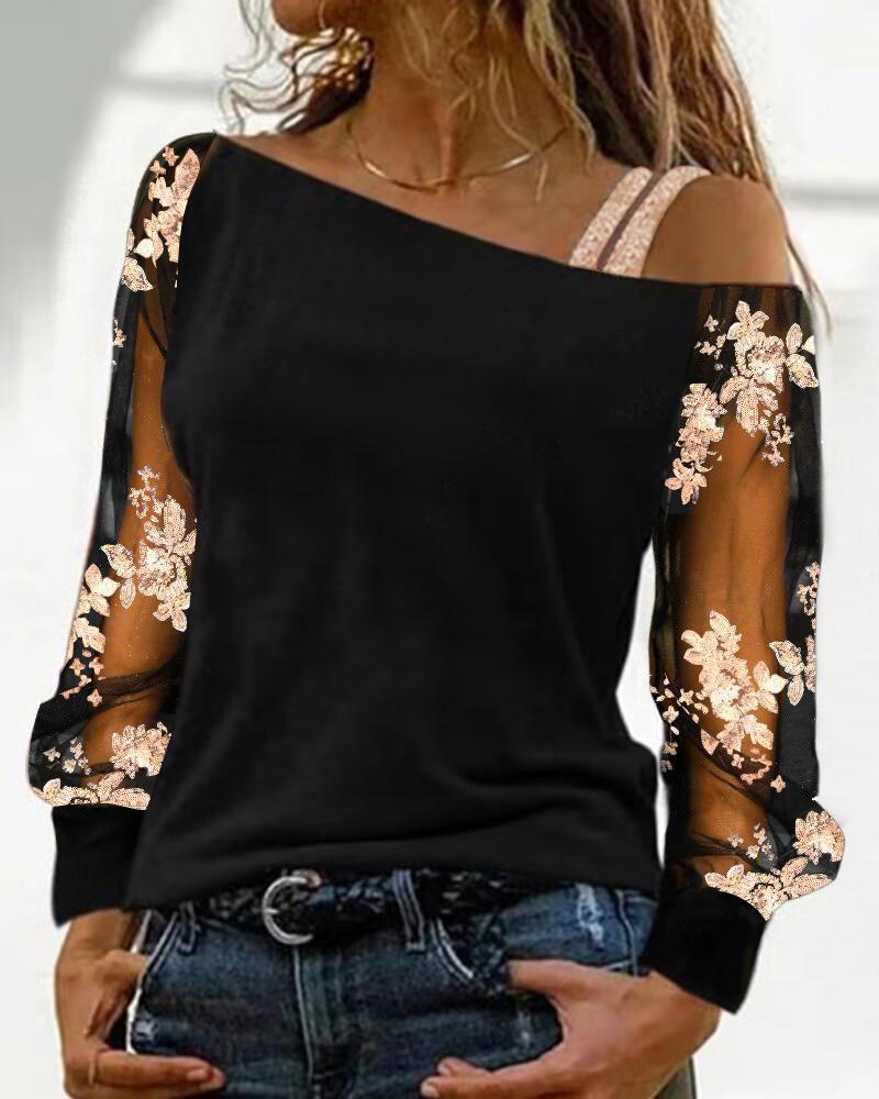 Mesh Patch Floral Sequin Cold SXhoulder Top, women T-shirt & Tees, ChicMe catalog