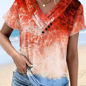 Loose Sea Printed Buttoned Casual Shirt, Blouses, color:Red|size:XXL, Noracora