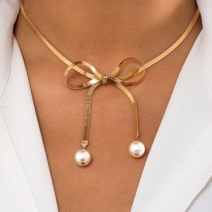 Elegant Imitation Pearl Bowknot Pendant Necklace, Necklaces, color:Golden|size:One-size, Stylewe