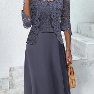 Women Plain Three Quarter Sleeve Comfy Casual Lace Coat With Skirt Two-Piece Set, Sets, color:Purplish blue|size:XXL, Noracora