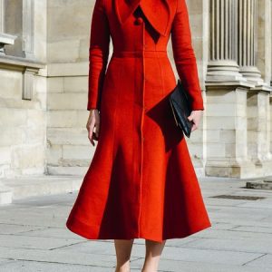Woolen Stand Collar Elegant Plain Dress, Midi Dresses, color:Red|size:XXL, Stylewe