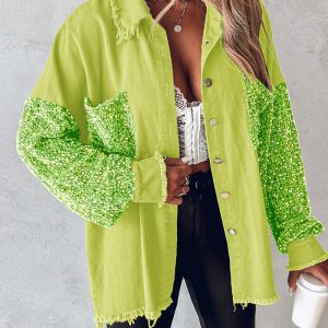 Contrast Sequin Raw Hem Shacket, Jackets & Coats, chicme - Women's Fashion Online