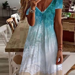 Sea Gradient Painted V-Neck Short Sleeve Casual Dress, Short, color:Multicolor|size:XXL, Noracora