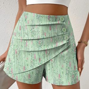 Abstract Print Ruched Buttoned Shorts, Shorts, chicme - Women's Fashion Online